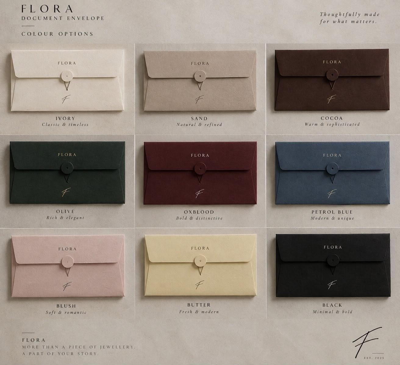 FLORA document envelopes in nine colours: ivory, sand, cocoa, olive, oxblood, petrol blue, blush, butter and black