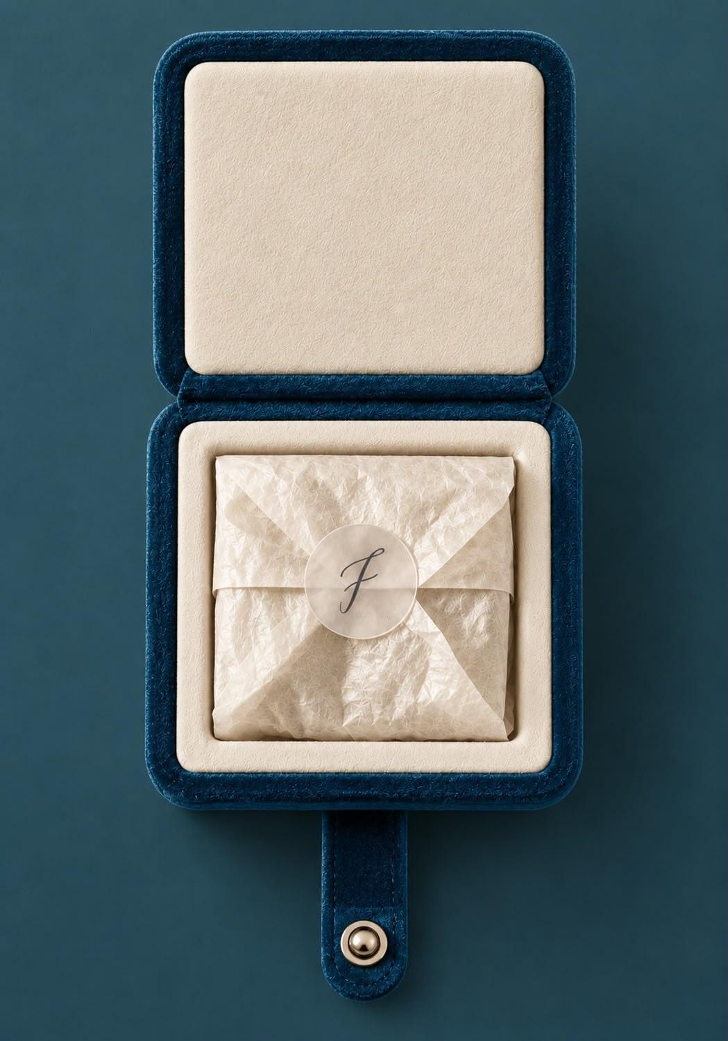 Open petrol-blue FLORA ring box with a tissue parcel sealed by an F monogram sticker