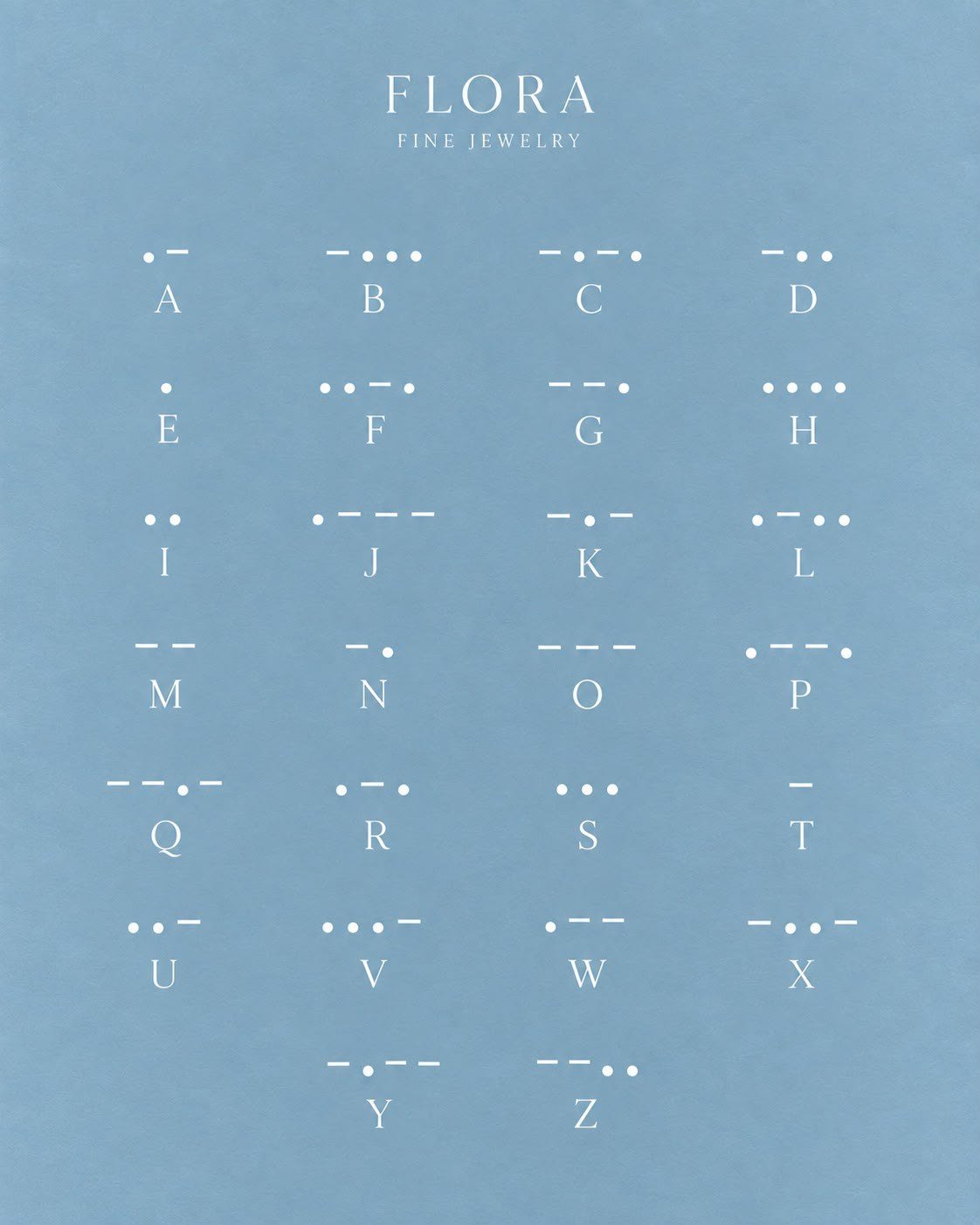 FLORA Morse code alphabet: each letter from A to Z under its dots and dashes, on dusty blue paper