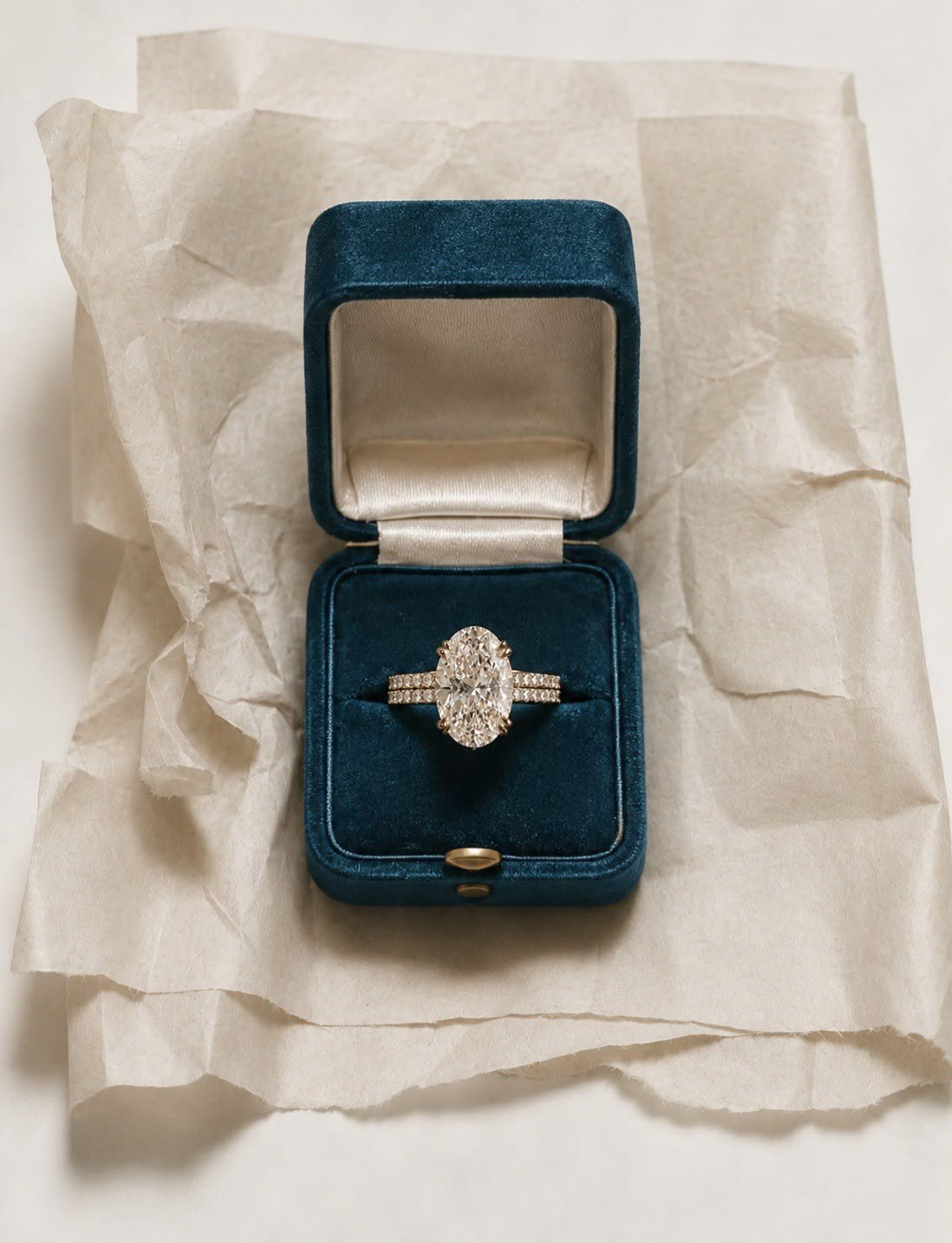 DRITË oval diamond ring in an open petrol-blue velvet box on ivory tissue