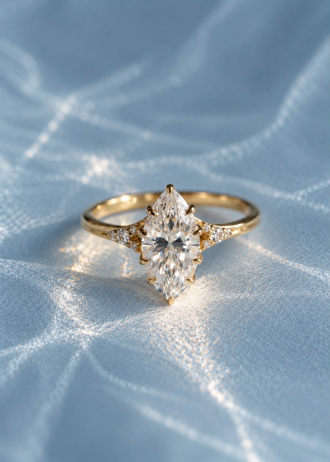 FATBARDHA ring, a 2.3ct marquise with round diamond clusters on each shoulder, in 14K yellow gold on pale blue fabric