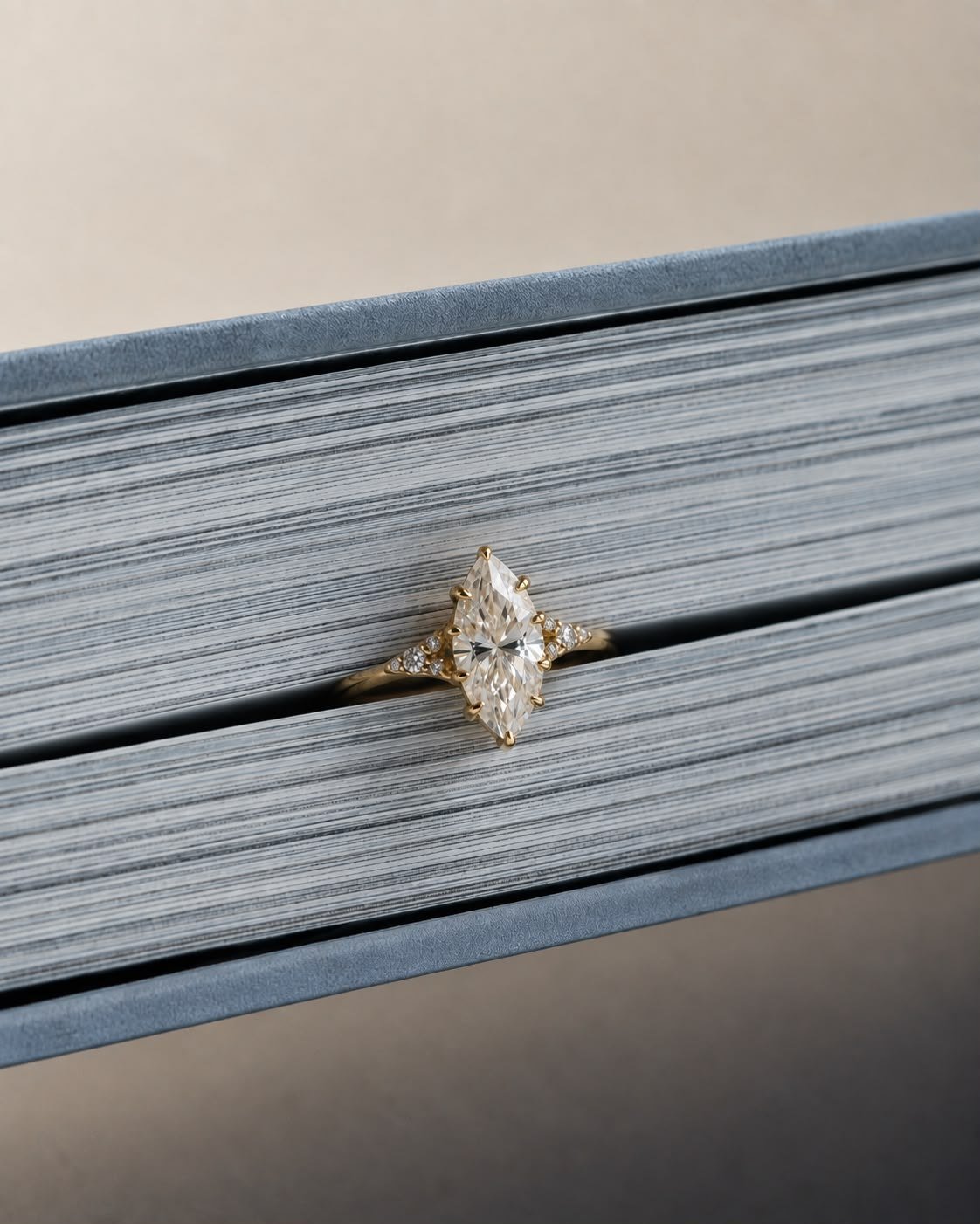 FATBARDHA ring resting between the page edges of two blue books