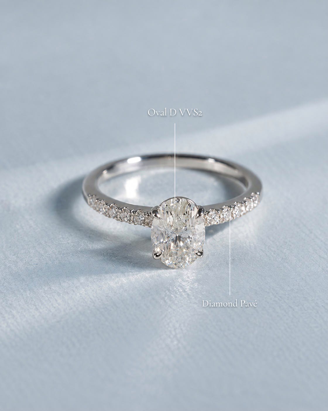 White gold oval diamond ring with pavé band on pale blue velvet, with the stone's grade noted