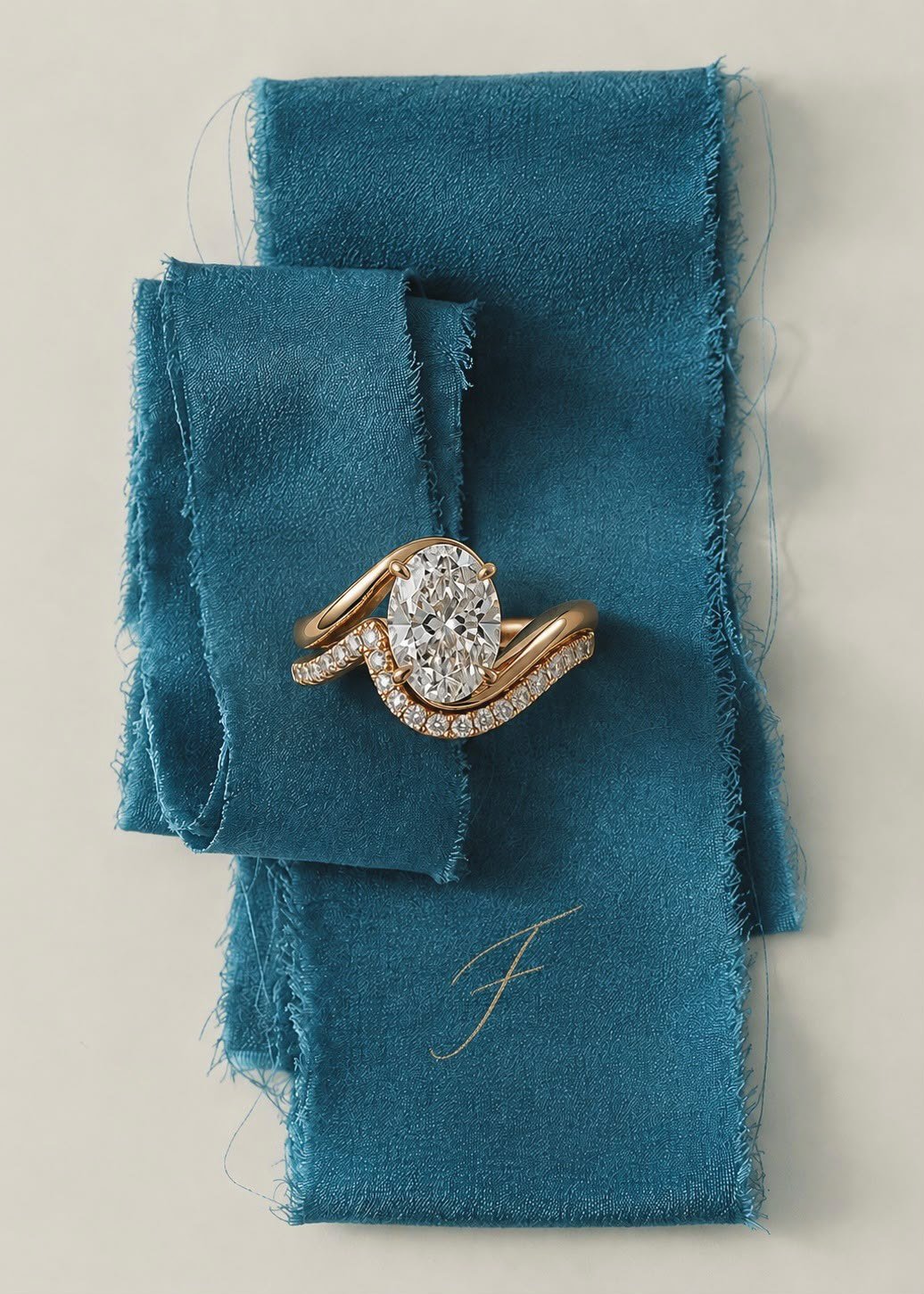 The Oval bypass engagement ring nested with a curved pavé band on teal silk ribbon